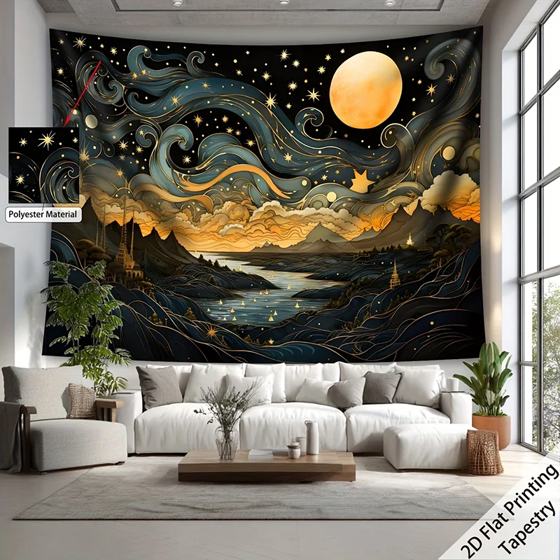 1PC Digital Printed Tapestry Wall Hanging, Van Gogh Style Starry Night Moon Clouds, Artistic Painting Wall Decor