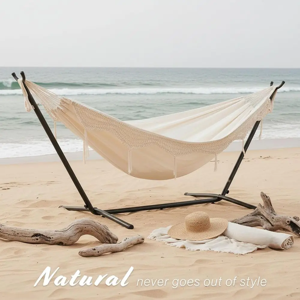 Double Cotton Hammock with Space Saving Steel Stand, Upgraded Polyester End Strings 450 lb acity - Premium Carry Bag Included -