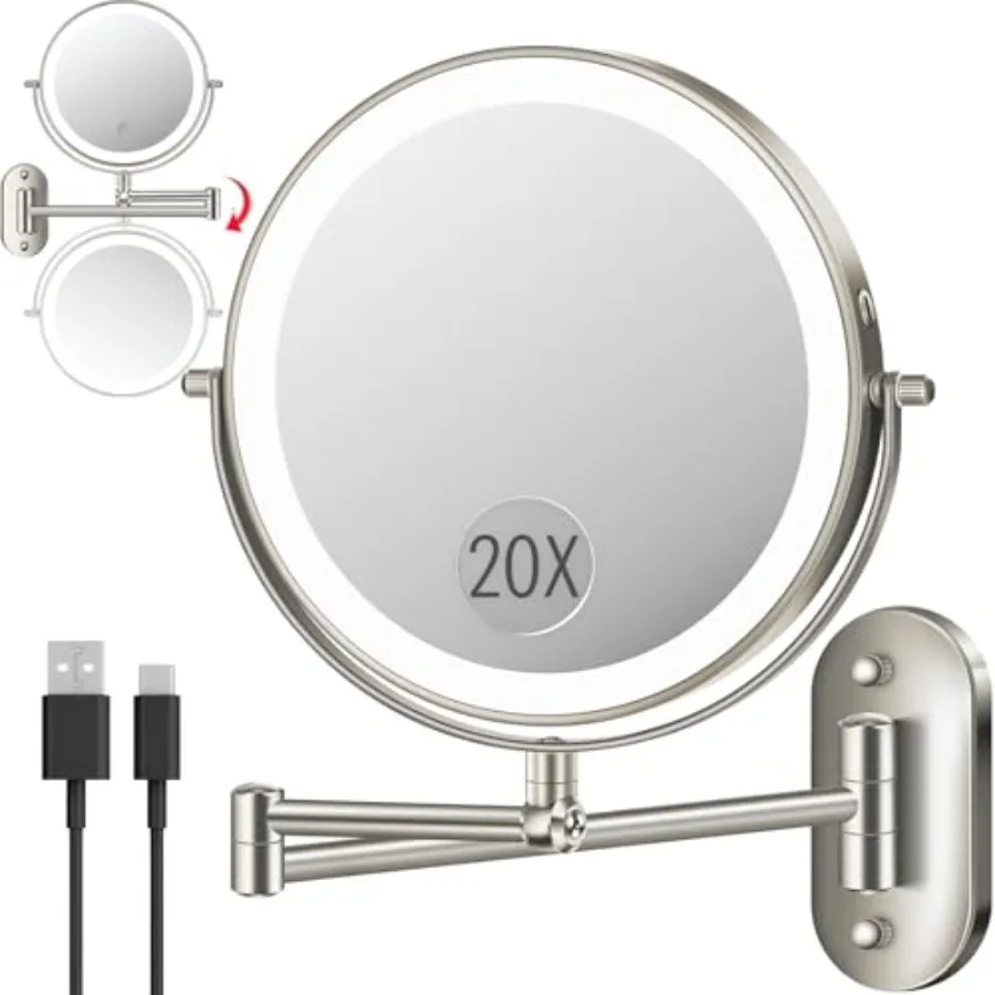 

9" Wall Mounted Makeup Mirror with Light, 20X/1X Height Adjustable Double Sided Magnifying Bathroom Lighted Mirror, 3 Color Tou