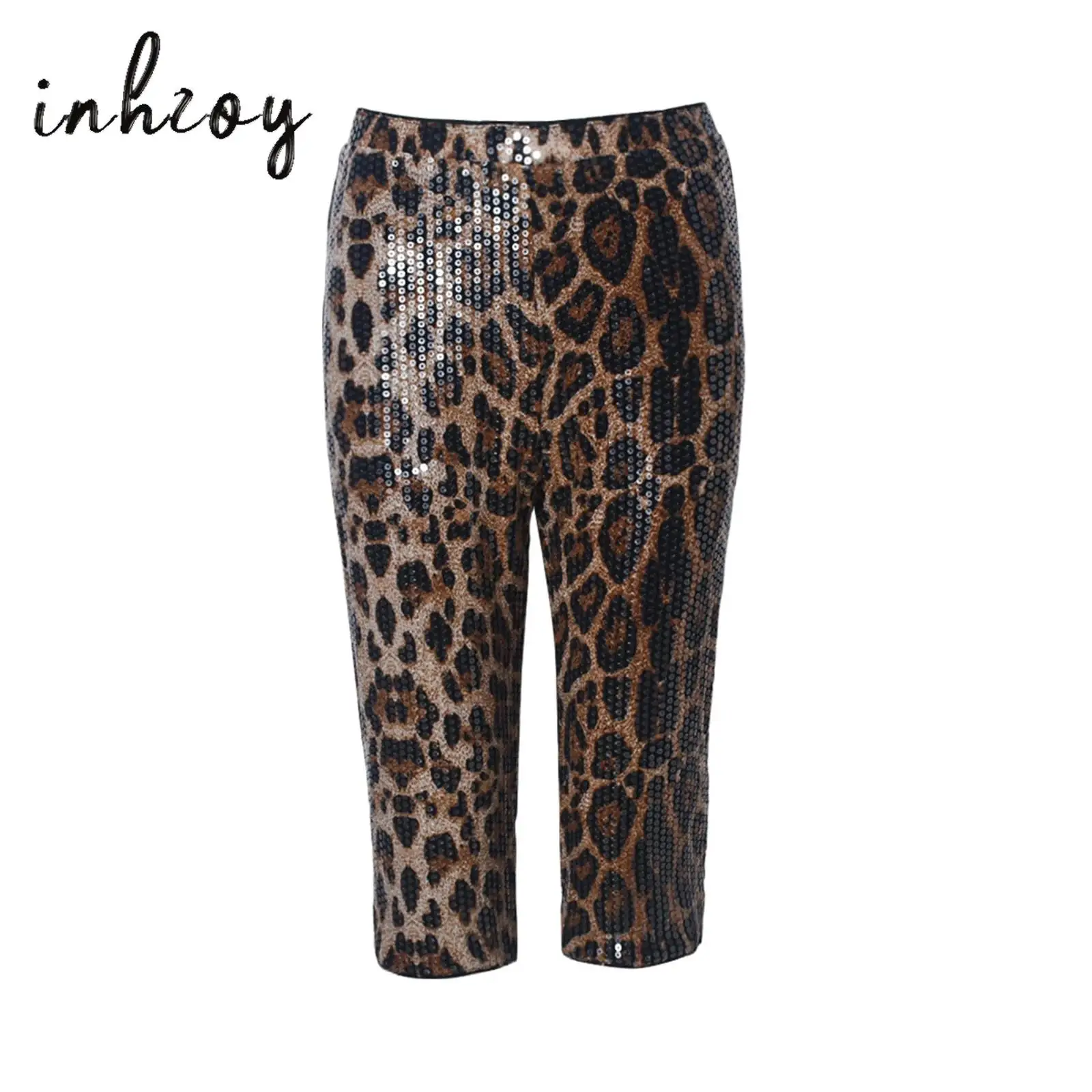 

Women Sequined Leopard Capri Pants Elastic Waist Straight Leg Stretchy Half Pants Sparkly Club Disco Trousers for Party Festival