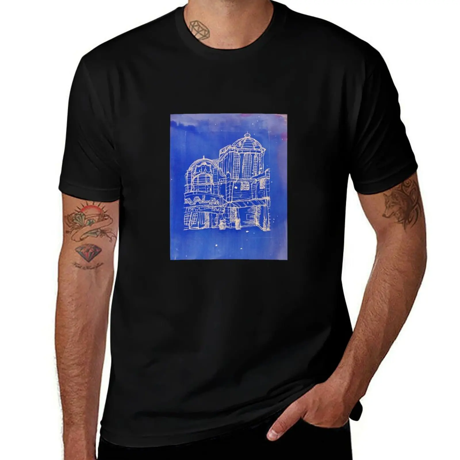 

Cyanotype Print of Southend's Kursaal - Continuous Line Drawing T-Shirt Relaxed Casual Short Sleeve Tee