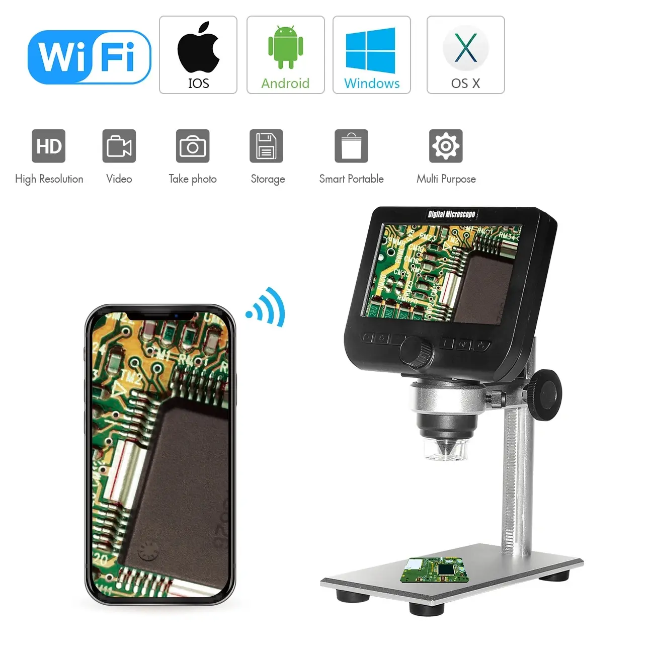 Microscopio Digital con WiFi, pantalla LCD de 4,3 pulgadas, aumento de 1000X, USB, cámara de vídeo para observación de estudiantes, 6led