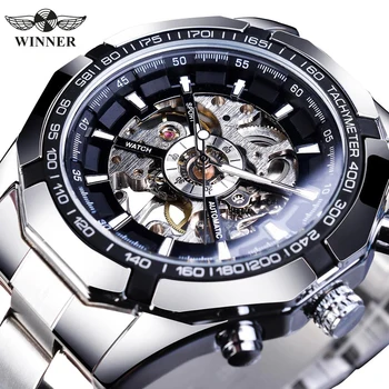 WINNER Classic Skeleton Watch for Men Luminous Hands Mechanical Watches Stainless Steel St