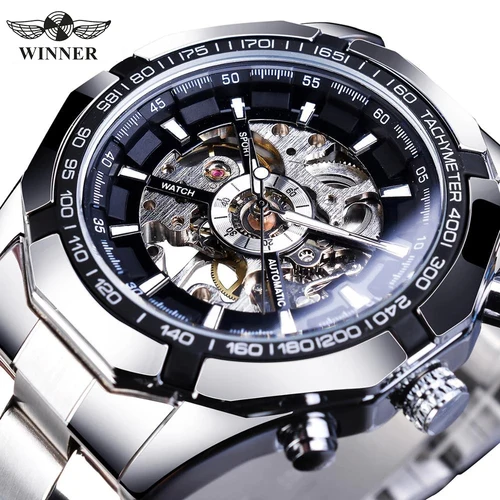 Reloj esqueleto clásico WINNER para hombre, relojes mecánicos con manecillas luminosas, correa de acero inoxidable, reloj de pulsera Forsining de marca de lujo