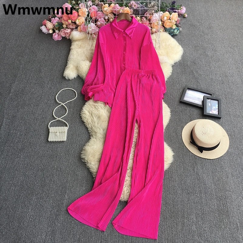 

Candy Color Pleated Pants 2 Piece Set Women Long Sleeve Korean Casual Blusa Suit Vintage Spring Summer Loose Pantalones Ensemble