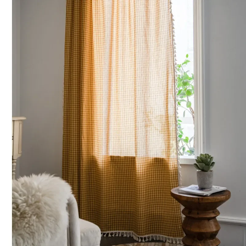 PP1029Yellow grid finished curtains tassl lace semi-blackout polyester-cotton curtain fabric foreign trade kitchen short curtain