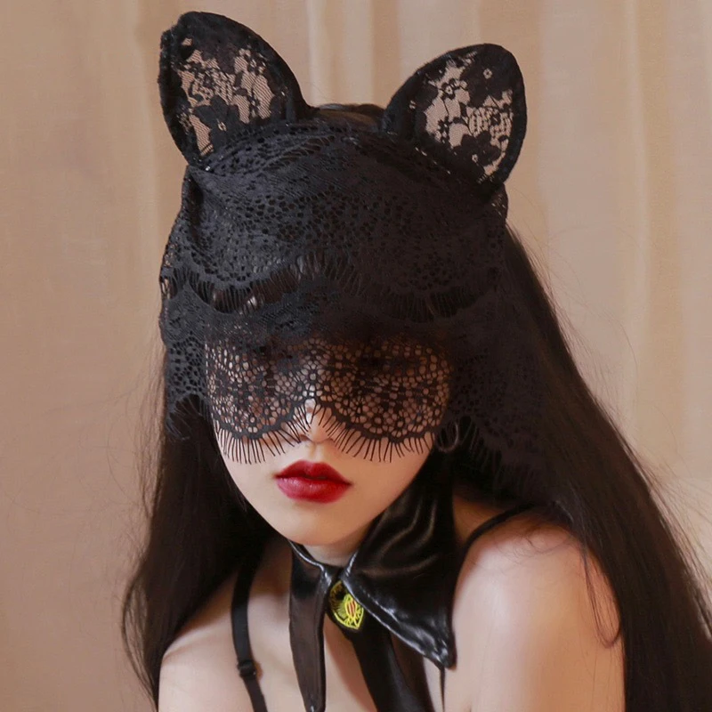 Lace Cat Ears Veil Headbands Black Hairbands Eye Mask Anime Cat Girl Cosplay Hair Accessories For Women Girls Christmas