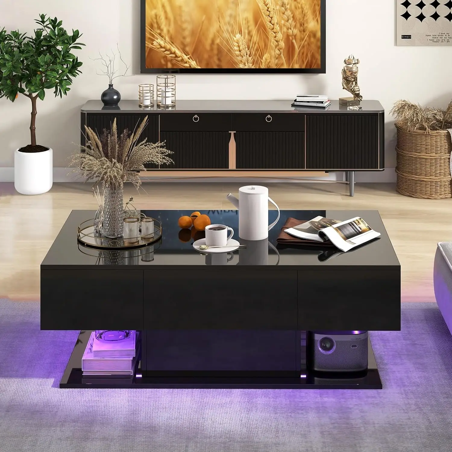 Modern LED Coffee Table - 2-Tier Center Table w/ 2 Storage Drawers, Adjustable Brightness & Speed, 20-Color Light, 43.5'