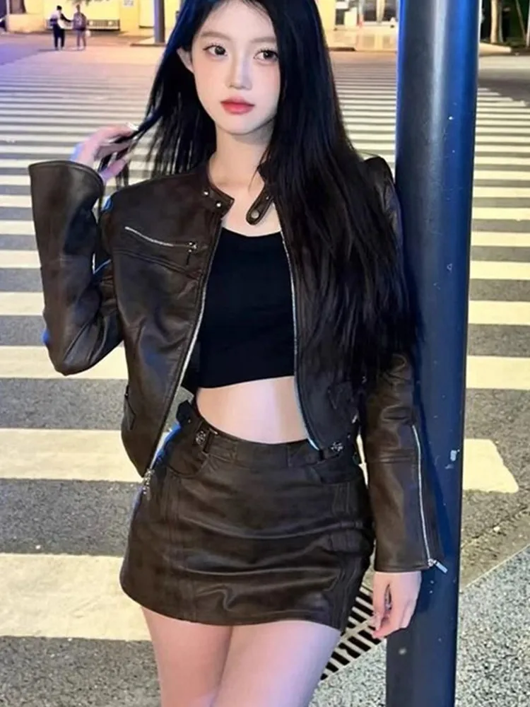 Rétro Sle femmes coupe ajustée en cuir PU Jaet col montant ort vêtements d'extérieur Bla épicé fille Faion automne nouveauté