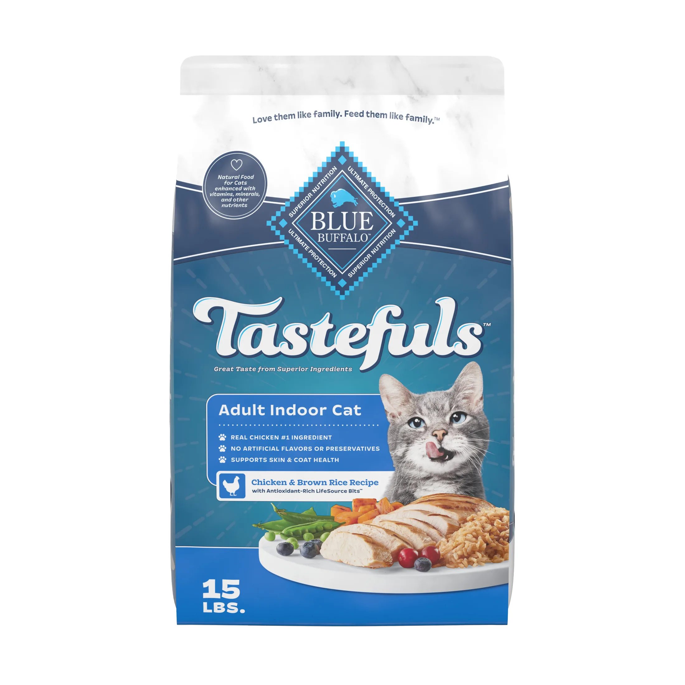Natural dry food for adult indoor cats with chicken and brown rice, 15-pound bag