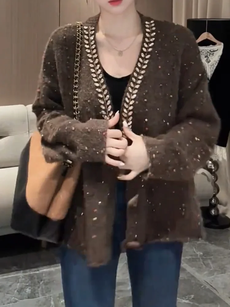 

Вязаный кардиган Ele с бриллиантовой отделкой, больших размеров, универсальный, стройнящий, для осеннего сезона, модный тренд для поездок на работу