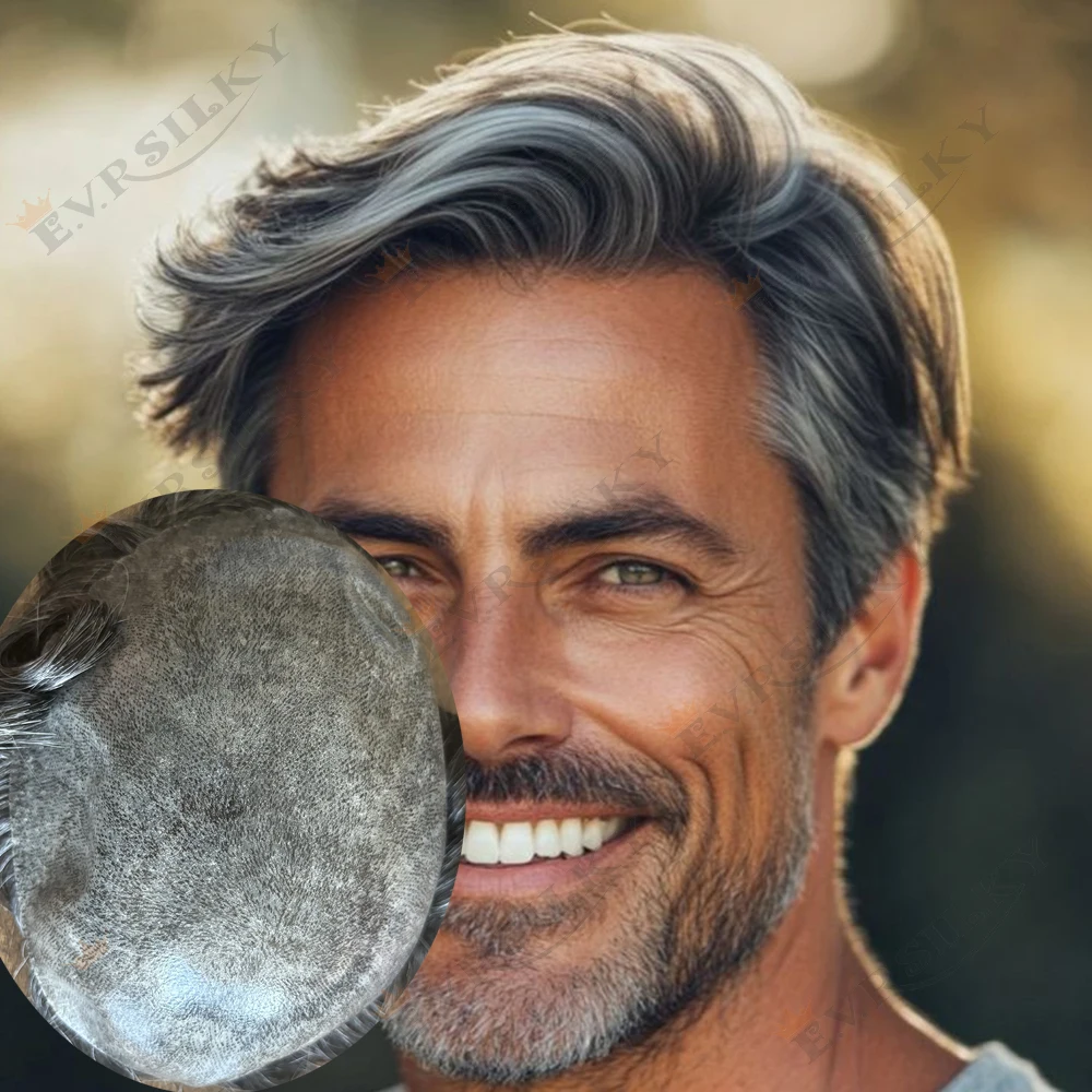 

Super Natural Hairline Men's Toupee 1B80 1b40 White Gray Brown 100%Human Hair Durable Microskin Undetected Thin HD PU Prosthesis