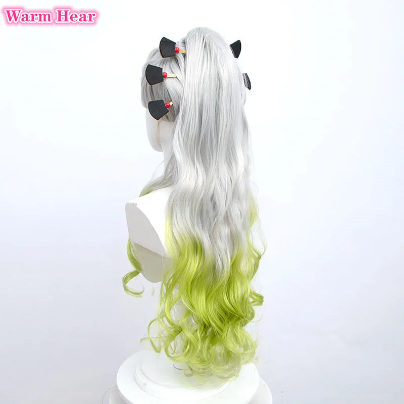 Parrucca Cosplay Daki lunga 90cm Anime Silver Gradiented Green Curly con copricapo resistente al calore capelli Halloween Party Role Play parrucche