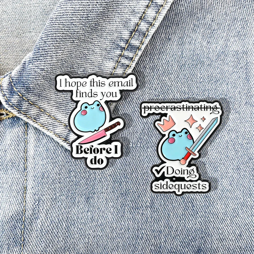 Cartoon Cute Frog Brooch Holding Sword Star Element Envelope Design Pin Funny Slogan Badge