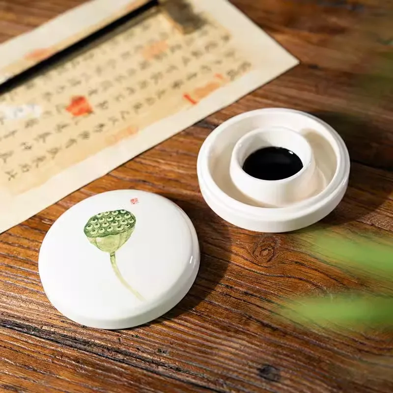 Chinese Style Lotus Pattern Inkstone - Chinese Ceramic Dual-Ring Inkwell with Lid (Evaporation Proof)