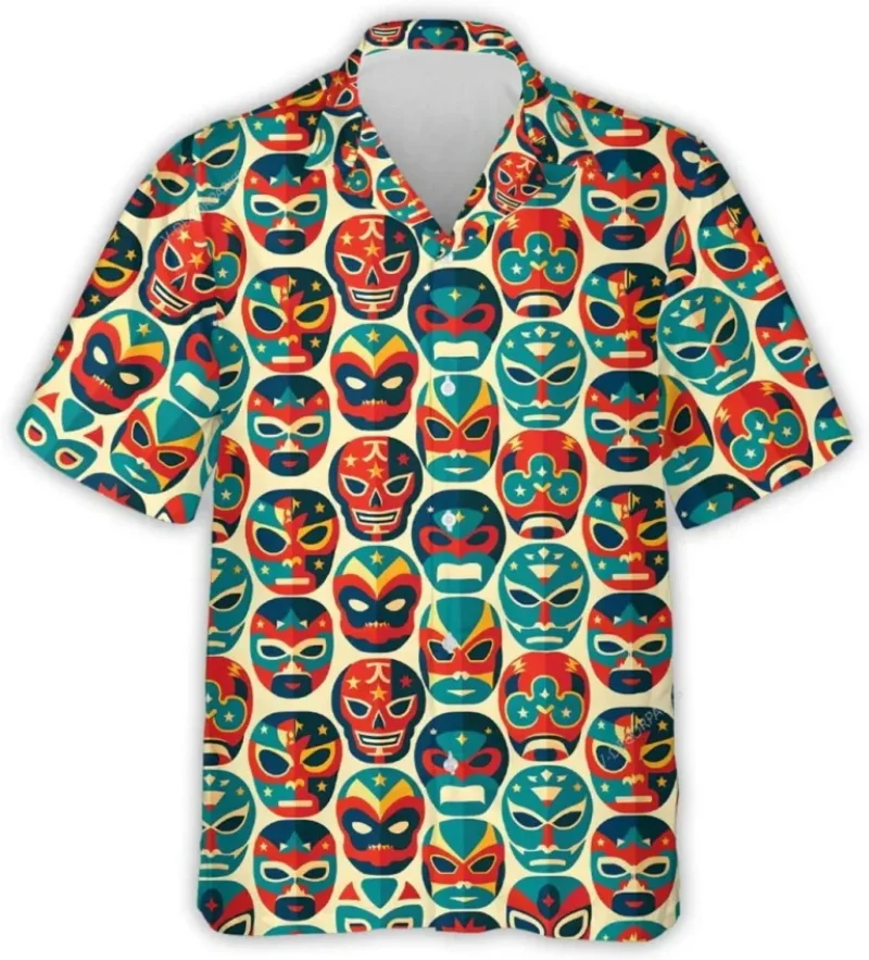 3D Print Wrestling Mask Hawaiian Shirts For Men Summer Short Sleeve Lucha Libre Wrestling Aloha Shirts Mens Button Down Shirt