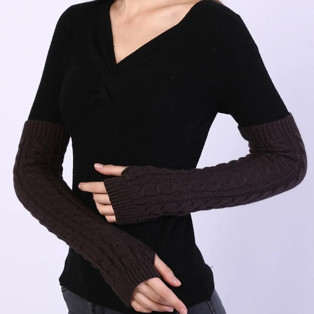 Gothic Solid Color Fingerless Gloves Knit Black Hand Warmer Long Arm Sleeve Arm Wrist Sleeve Women