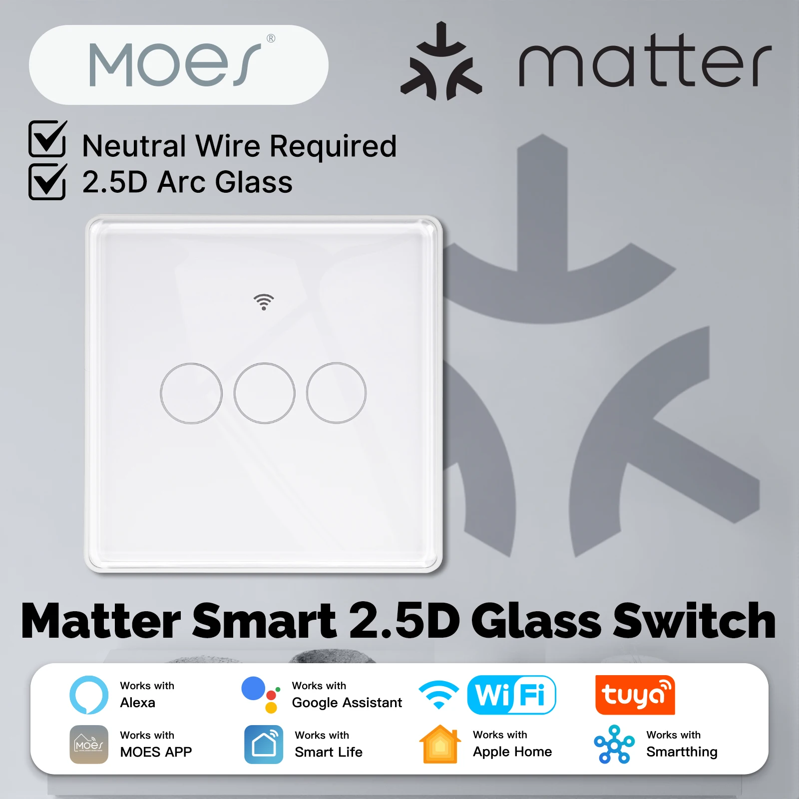 

MOES Tuya Matter WiFi Smart Light Switch 2.5D EU Verison Neutral Wire Required With Alexa Google Home Apple Homekit Smartthings