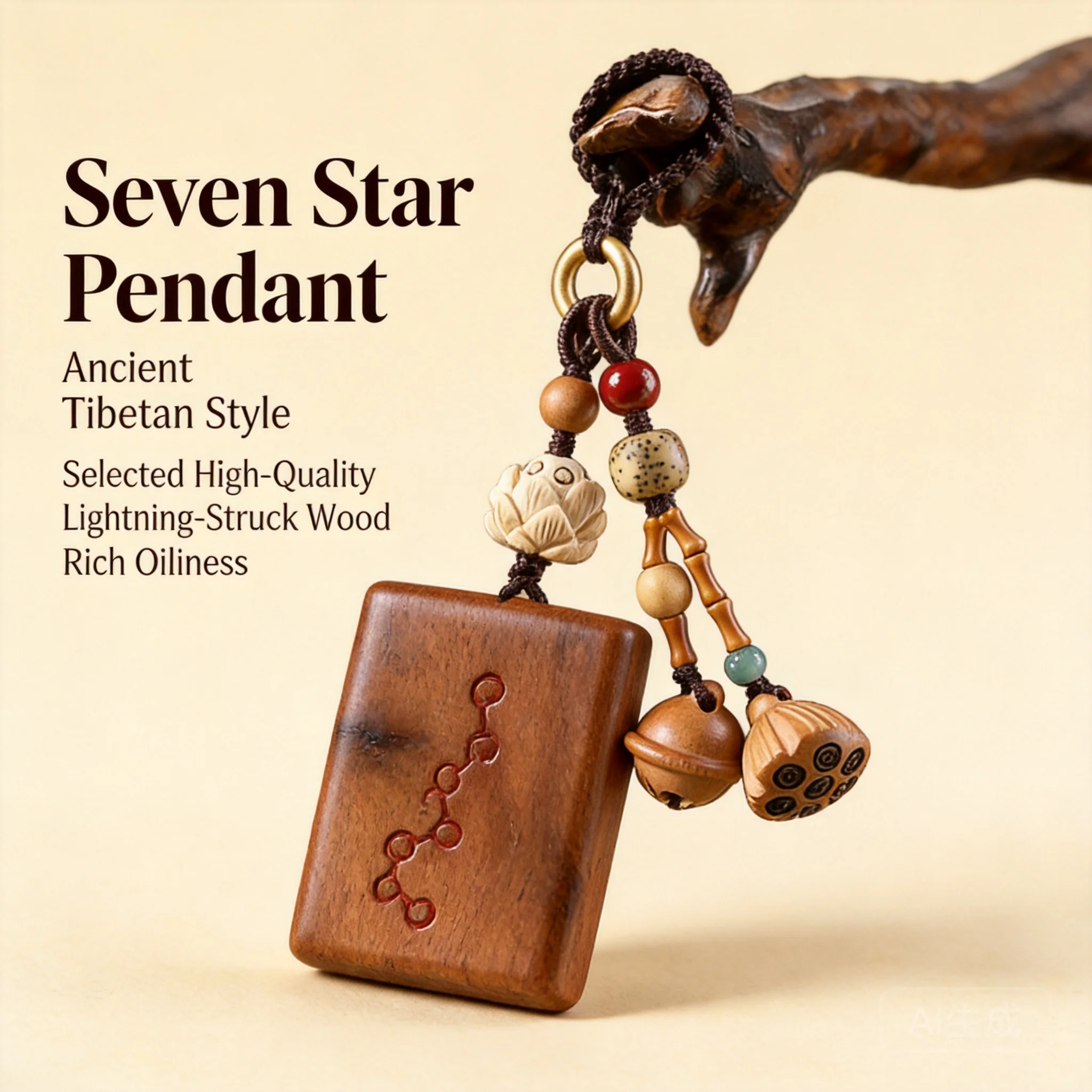 Thunder Struck Jujube Wood Big Dipper Square Pendant Chinese Style Lucky Blessing Wealth Attracting Keychain Phone Charm Hand