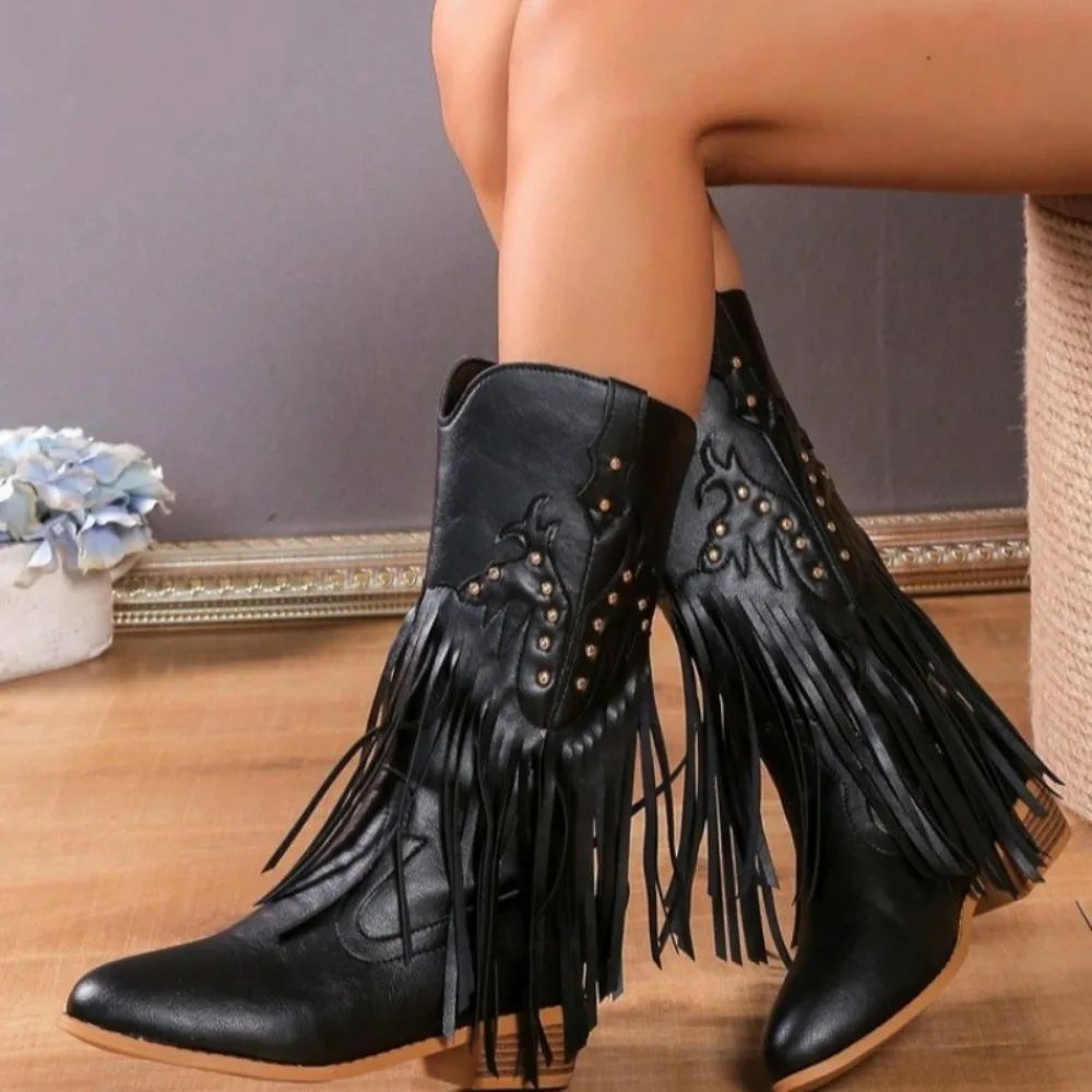 Wedge Chunky Heel Boots Women Rivets Tassels Design Western Boots PU Leather Brown Cowboy Boots for Woman Cowgirl Botas Mujer