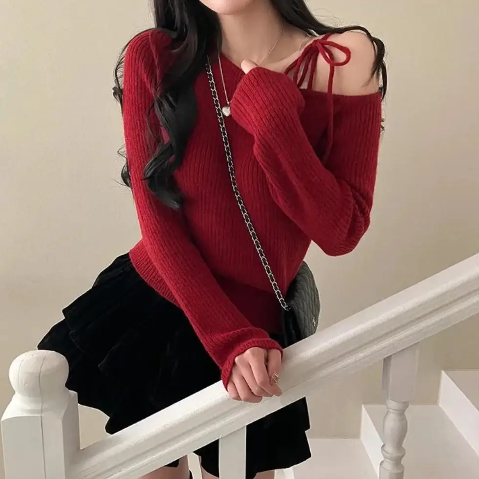 Maglione lavorato a maglia chic con spalle scoperte Faion da donna Design asimmetrico con cintura vestibilità ampia Abbigliamento interno Stagione primaverile autunnale