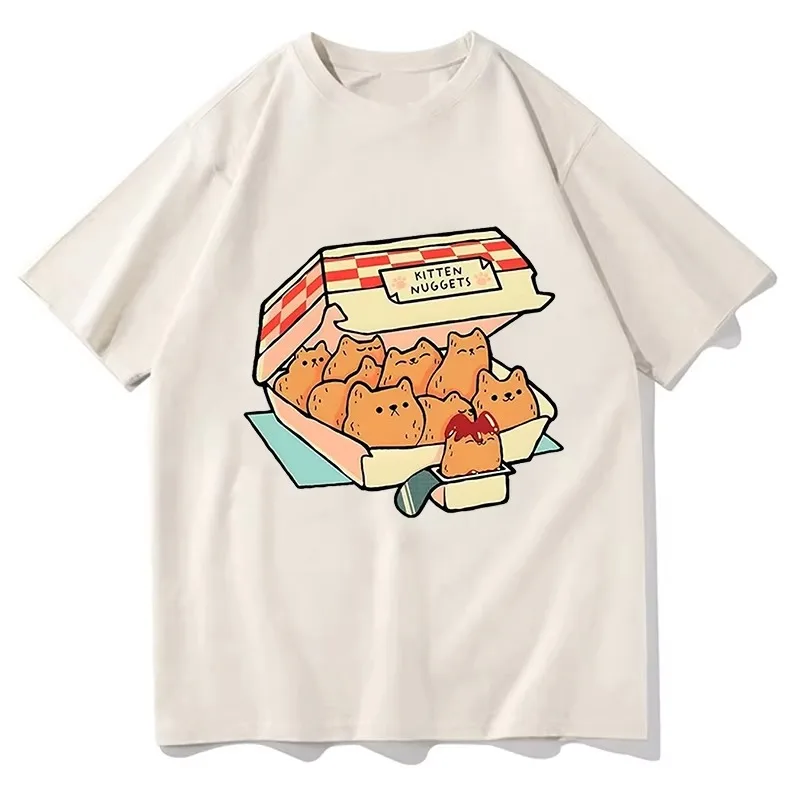 Kitten Nuggets Happy T Shirts Women Kawaii/cute High Street Tshirts 100% Cotton T-shirts Cat Biscuits Dipping Sauce Short Sleeve