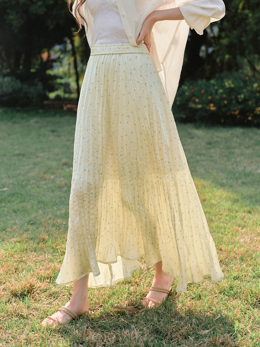 

OLrain Yellow Long Skirts for Woman 2025 Fashion Vacation Holiday Floral Print A Line Summer Skirt Female Clothes O57XB99163