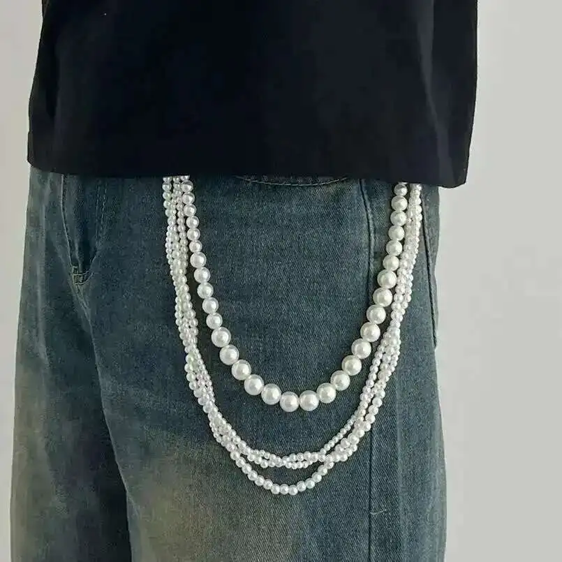 Salircon موضة متعدد الطبقات تقليد اللؤلؤ حزام السراويل سلسلة الرجال 2025 جديد ارتداء اليومي مفتاح المحفظة ملحقات السلسلة مجوهرات #1