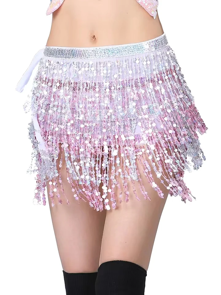 New Belly Dance Bead Waist Chain 4-Layer Glitter Scarf Tassel Waist Belt Dance Performance Dress