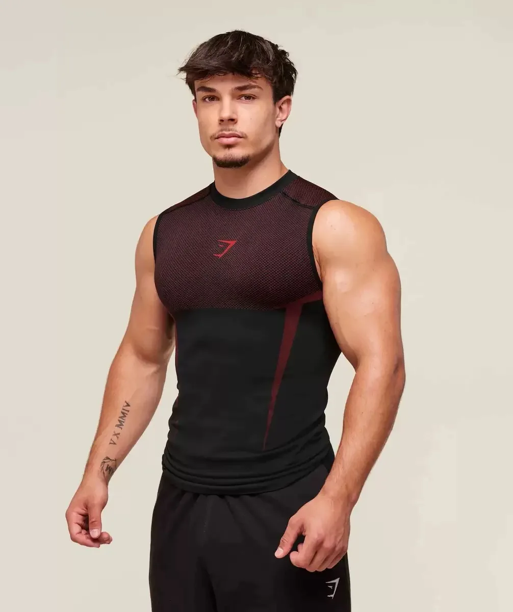 GYMSHARK Fitness Men's Top Casual Breathable Tight Clothes Running Training Sleeveless Muscle Shark Speed Drying Round Neck