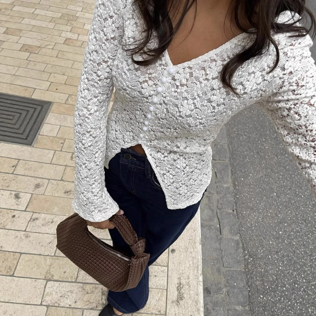 Women T Shirts Tops Lace Tees Hollow Out Slit Pearl Button Flare Long Sleeves V Neck Slight Strech Loose Fit Casual 2026 Autumn