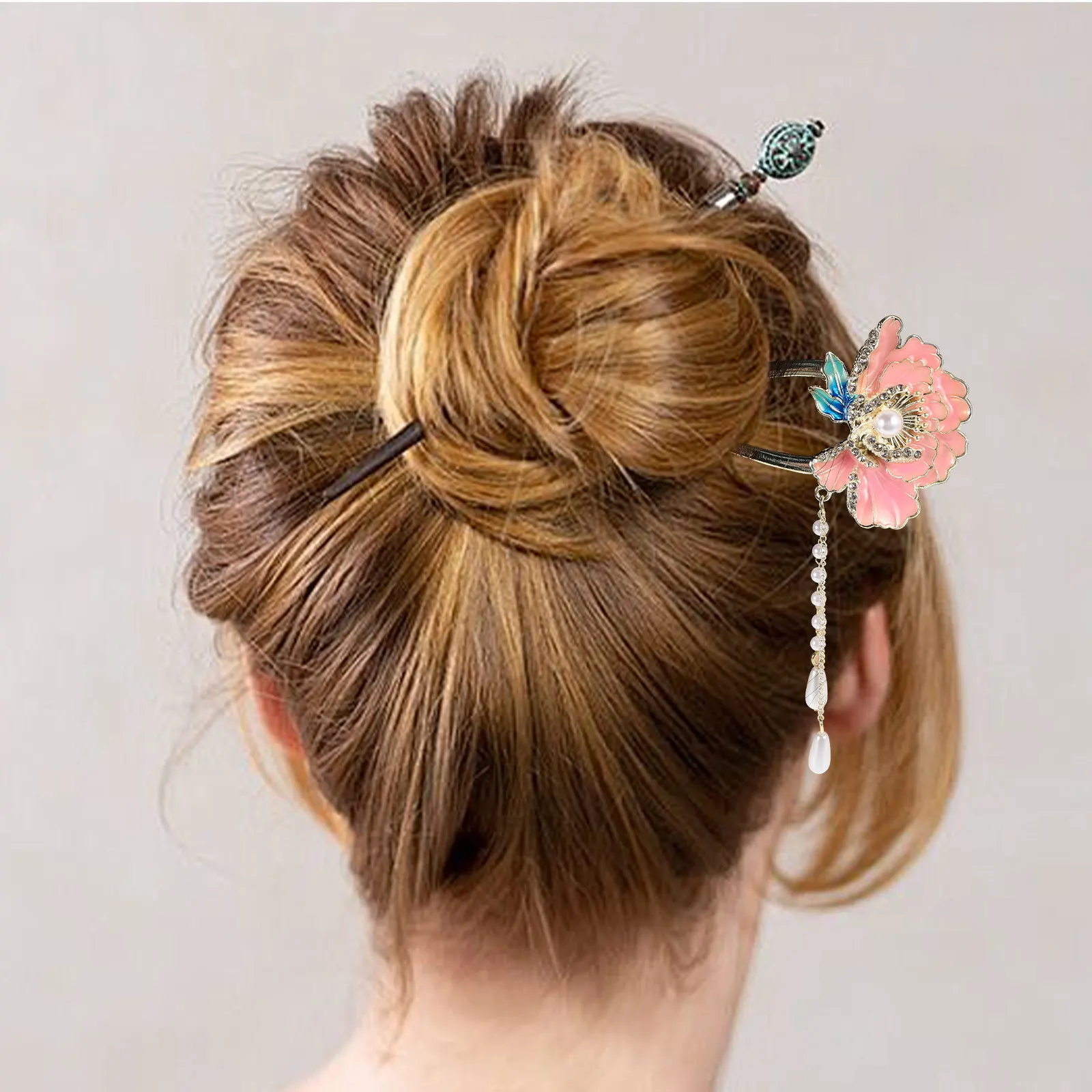 Exquisite U-Shaped Chinese Hairpin Enamel Peony Flower Design Elegant Hair Decoration for Women Traditional Hanfu Hair