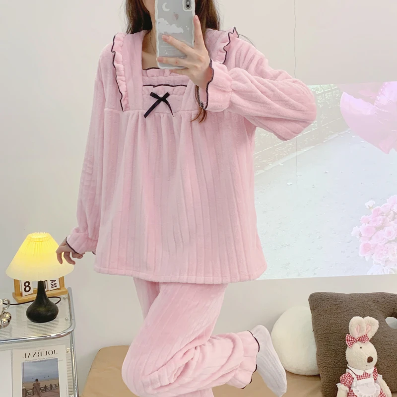 Sweet Pajama Sets Women Ruffles 2 Piece Home Loungewear Autumn Soft Korean Style Cute Bow Aesthetic Fashion Causal Baggy Street