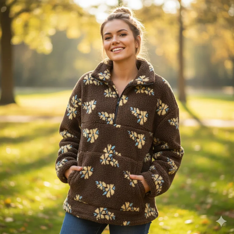 

Шикарная женская толстовка из искусственной овчины с цветочным принтом, пуловер на молнии, пальто, теплая мягкая флисовая верхняя одежда, свободная посадка для осенне-зимнего наряда