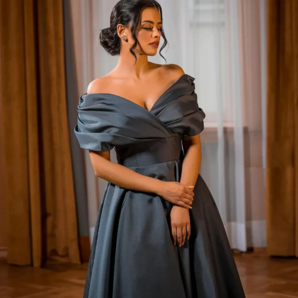 Pleated Evening Gowns with Off Shoulder Neck,Empire Waist,A Line,Sweep Train,Gray Prom Dresses,Simple Satin,Formal Occassion