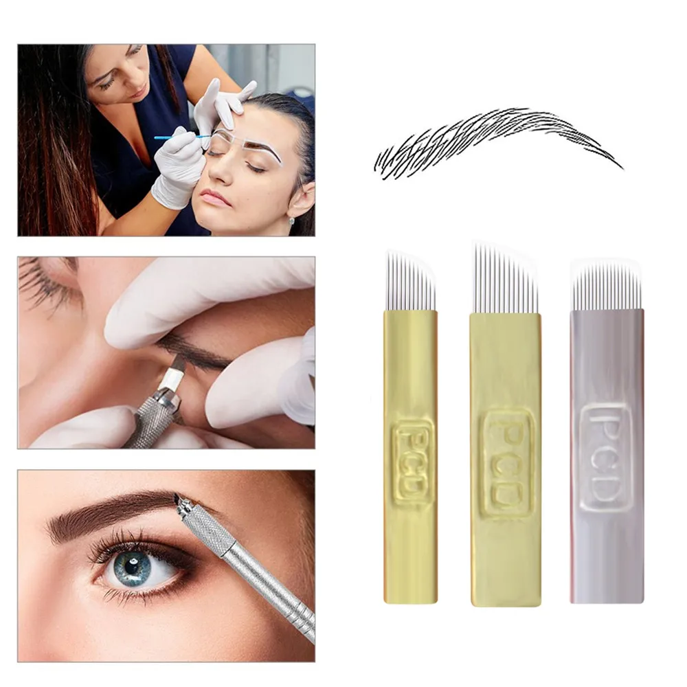 50 PCS Golden 12Pin Permanent Makeup Manual Eyebrow Tattoo slanted microblades For Microblading Pen