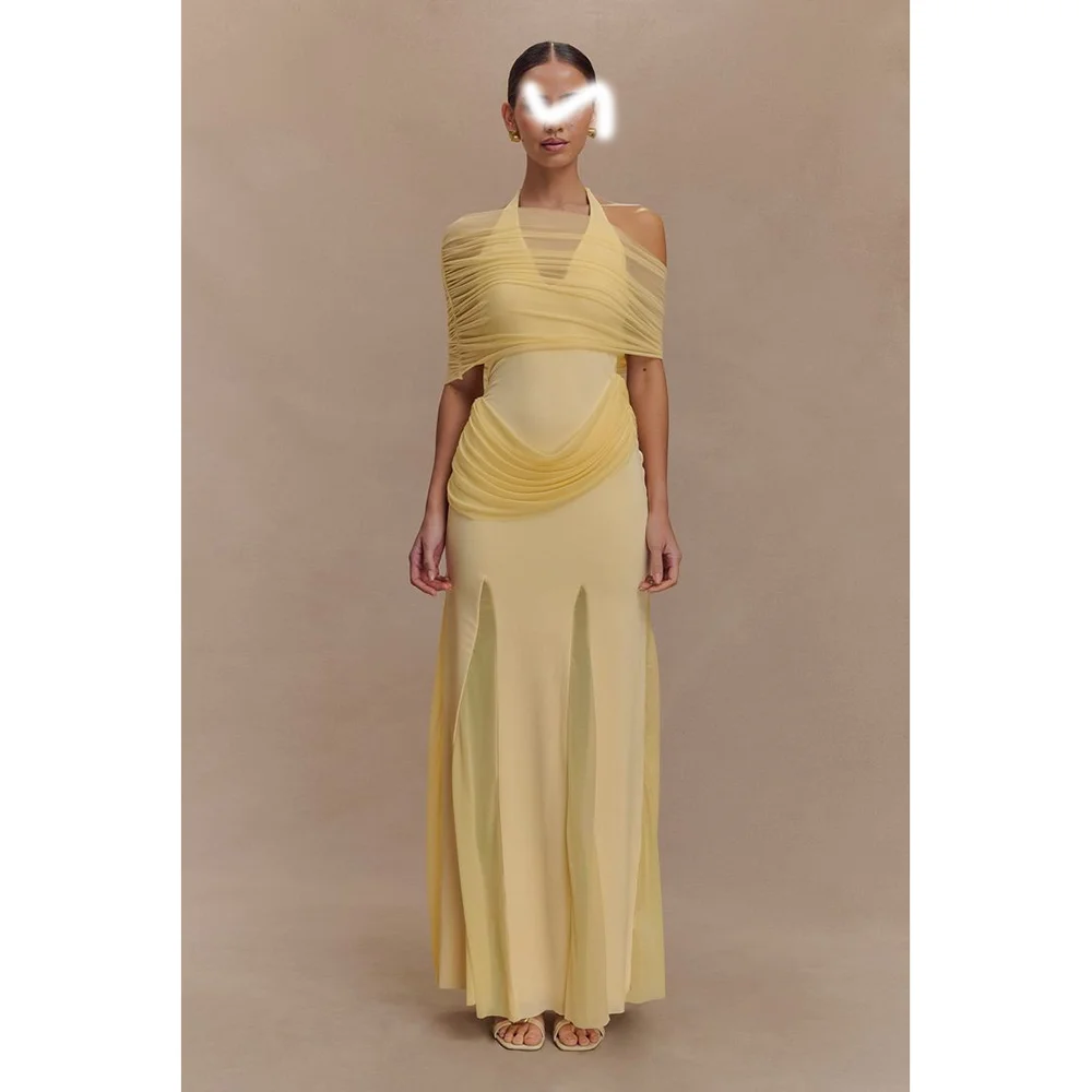 Yellow Halter A-Line Ankle-Length Evening Dress For Women Patchwork Backless Sleeveless Graduations Party Dress