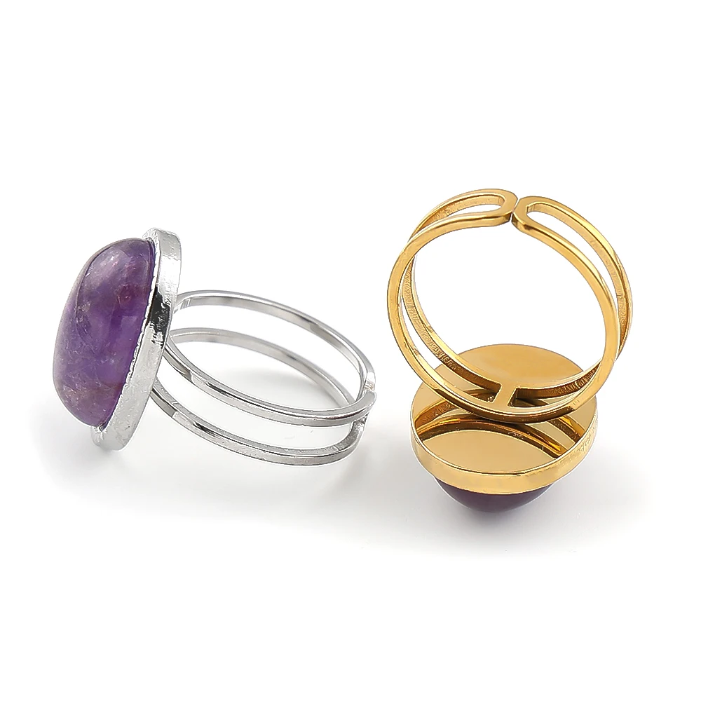 Boho Oval Amethyst Open Ring for Women Men Stainless Steel Gold Color Retro Adjustable Amulet Spiritual Finger Rings Jewelry