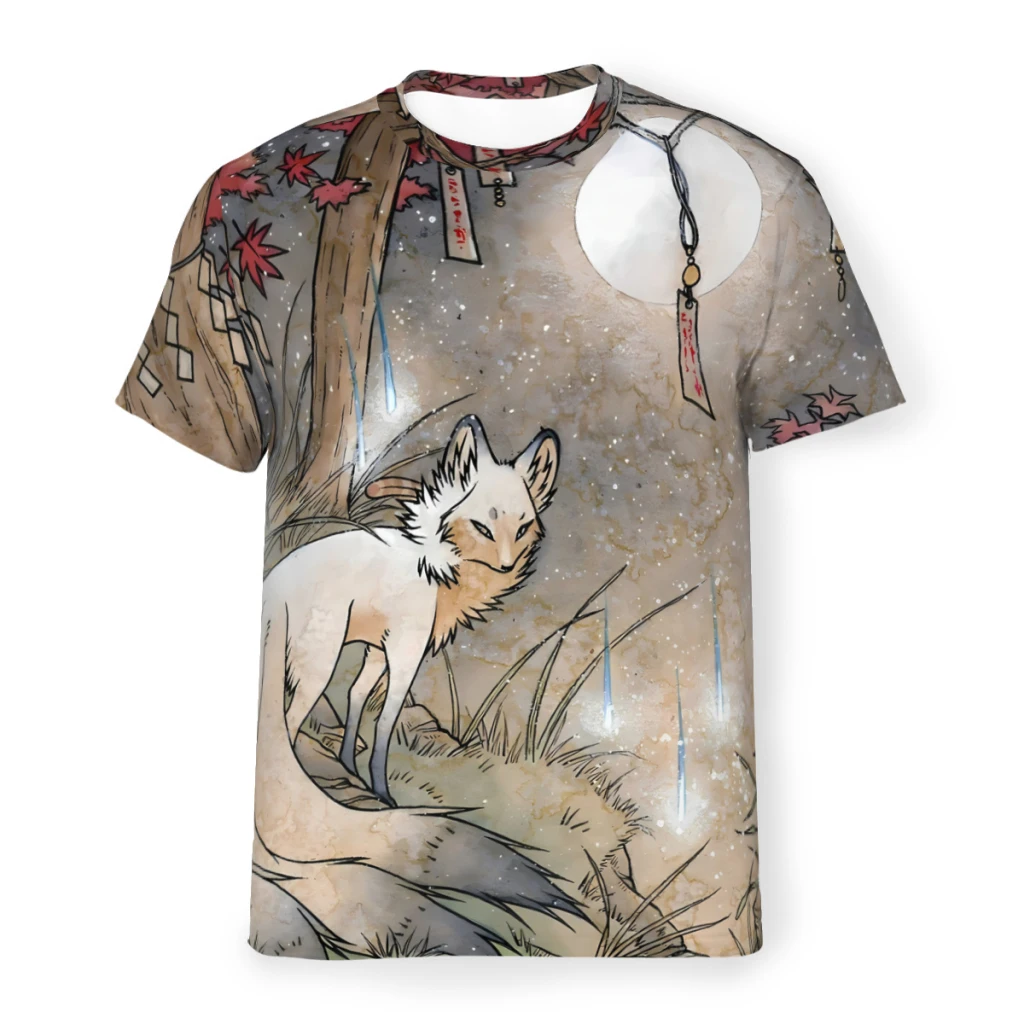 TeaKitsune Polyester TShirts Japanese  Fox Men Harajuku Streetwear Thin T Shirt O Neck