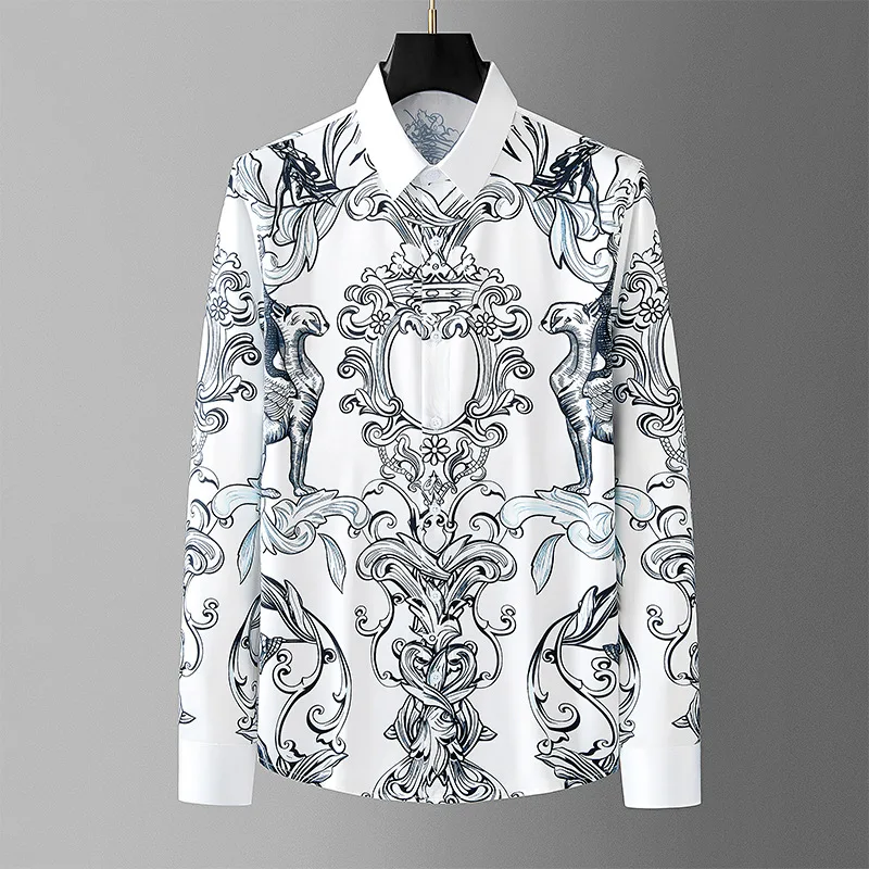 Luxury Court Style Printed Men's Shirt 2025 Summer Long Sleeve Casual Shirts Breathable Non Ironing Shirt Social Party Blouse