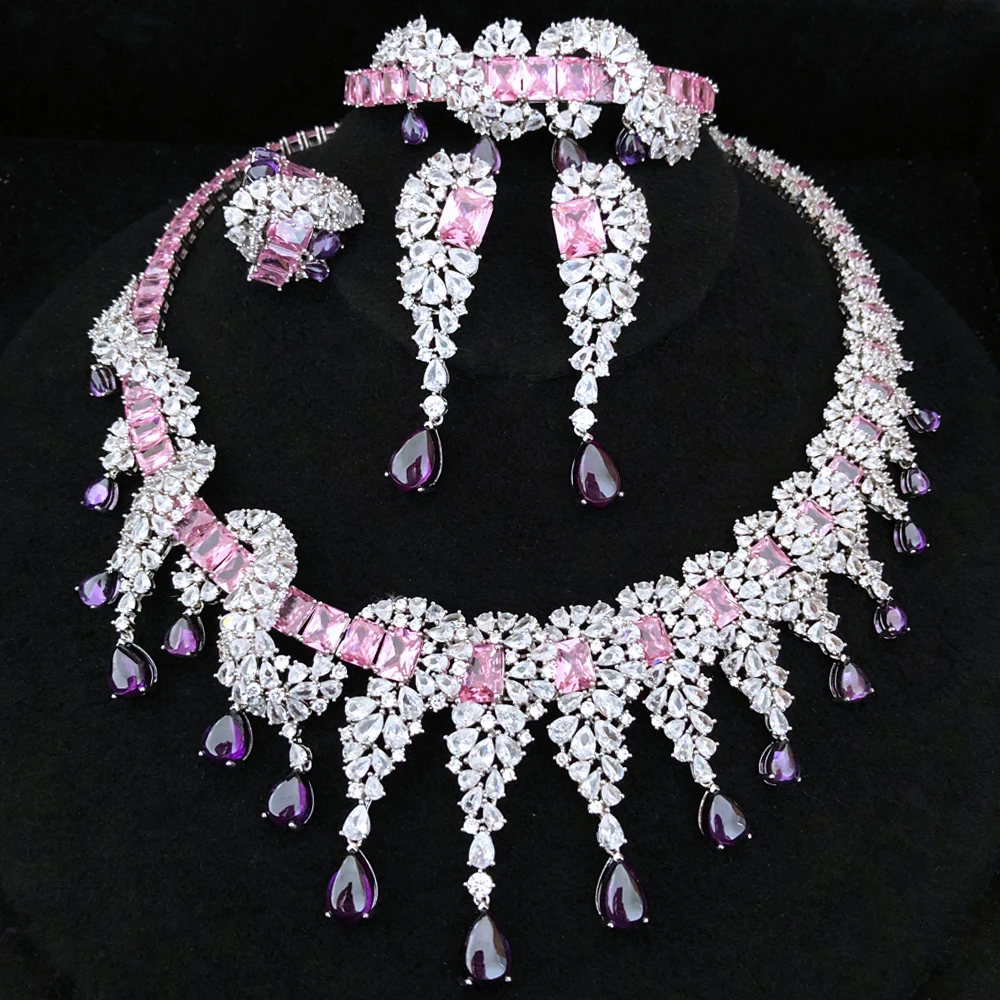 GODKI Trendy 4PCS Luxury Purple Statement Jewelry SetS For Women Wedding Cubic Zircon Indian African Dubai Bridal Necklace