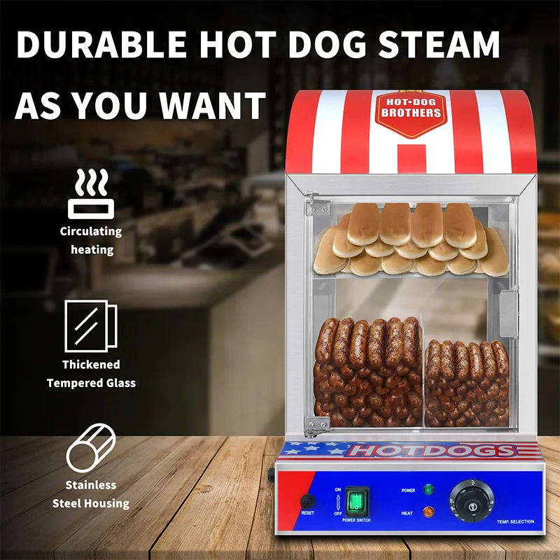 1,5 kW Commerciële roestvrijstalen paragon Hotdog-stoommachine met temperatuurregeling Warming Cabinet