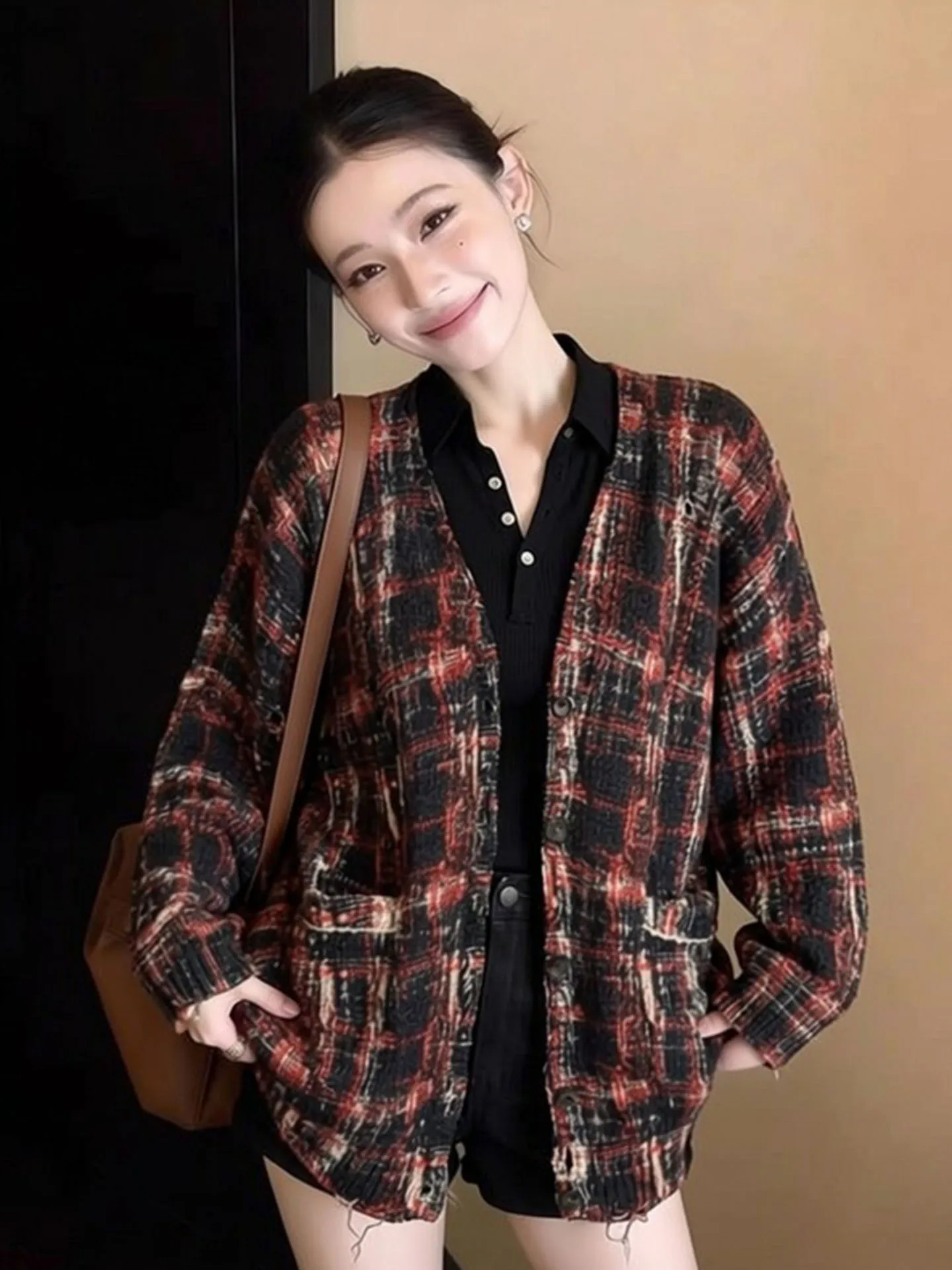 

Ele Retro Plaid Jaet Women's Spring 2026 Lazy Chic Sle Faionable Versatile Personali Top Light Luxury Brand Stand...