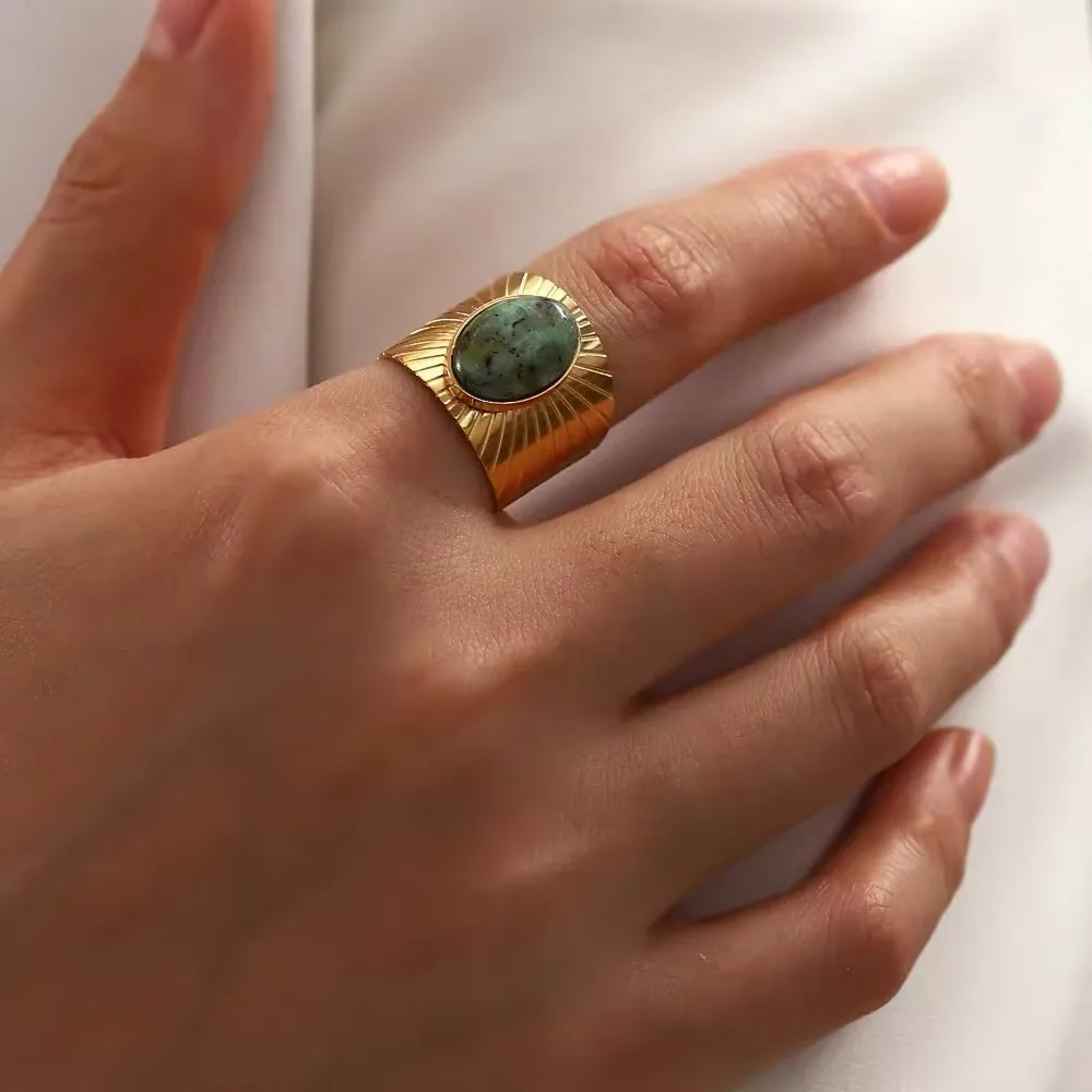 ASONSTEEL Retro Stainless Steel Green Natural Stone Rings Women Luxury Gold Plated Charm Texture Open Ring Trendy Jewelry Gift