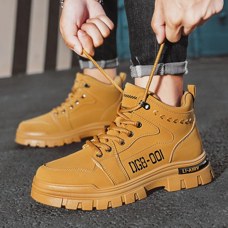 

Мужские однотонные прочные высококачественные универсальные повседневные рабочие ботинки средней высоты с круглым носком на шнуровке, модные и модные рабочие ботинки на плоской подошве