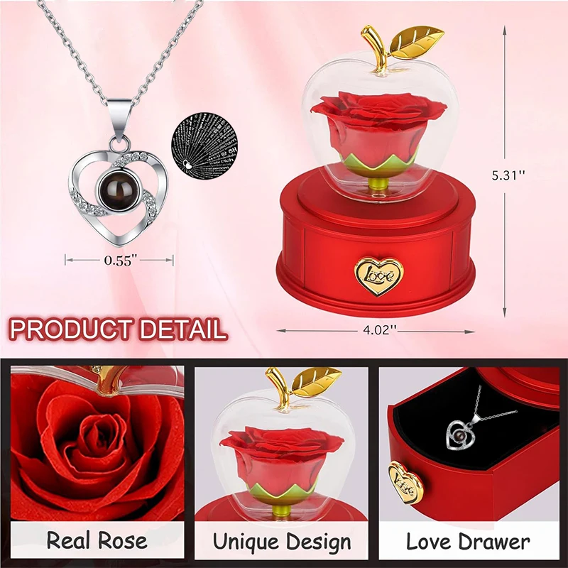 Scatola di vere rose conservata a forma di mela con collana Ti amo, regalo di fiori eterni per sempre amore per il suo compleanno, giorno dell'anniversario