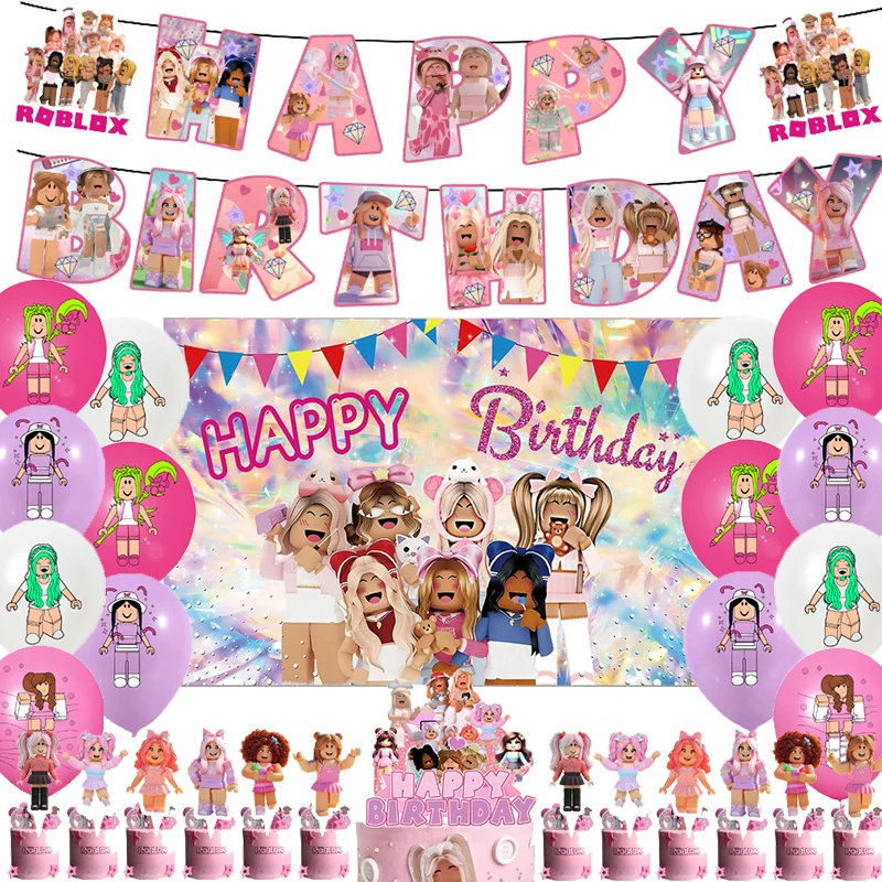 Pink Roblox Balloons Happy Birthday Banner Party Decoration 