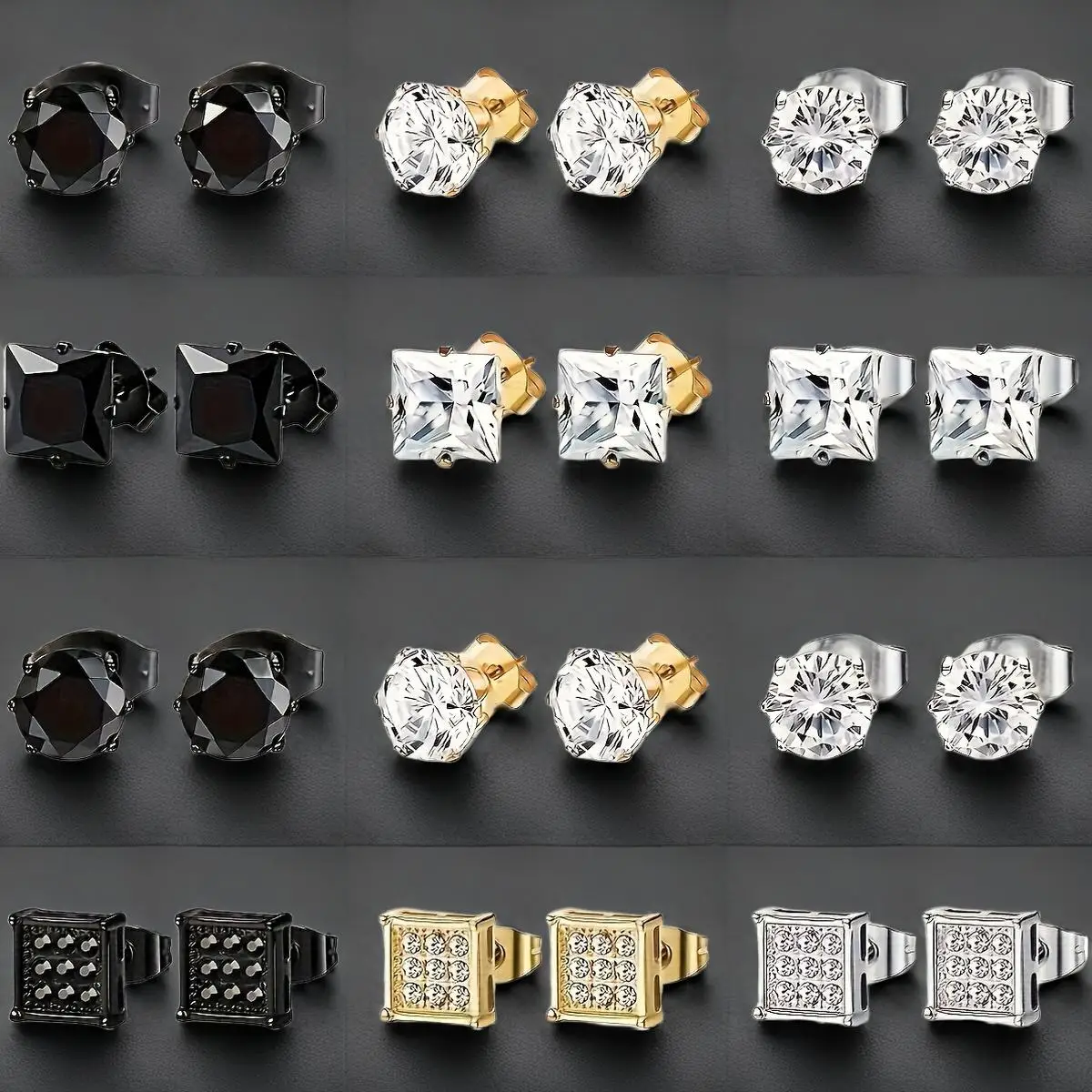 1 Pair/12 Pairs Fashion Stainless Steel 6mm Inlaid Cubic Zirconia Stud Earrings Ear Cartilage Piercings for Men Women