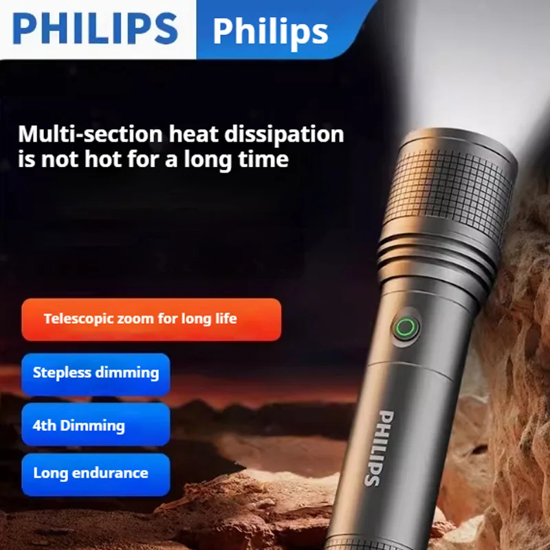 Philips 6168 Optical Zoom Flashlight Type-C Portable Flashlight With 4 Lighting Modes For Self Defense Camping Torch Light