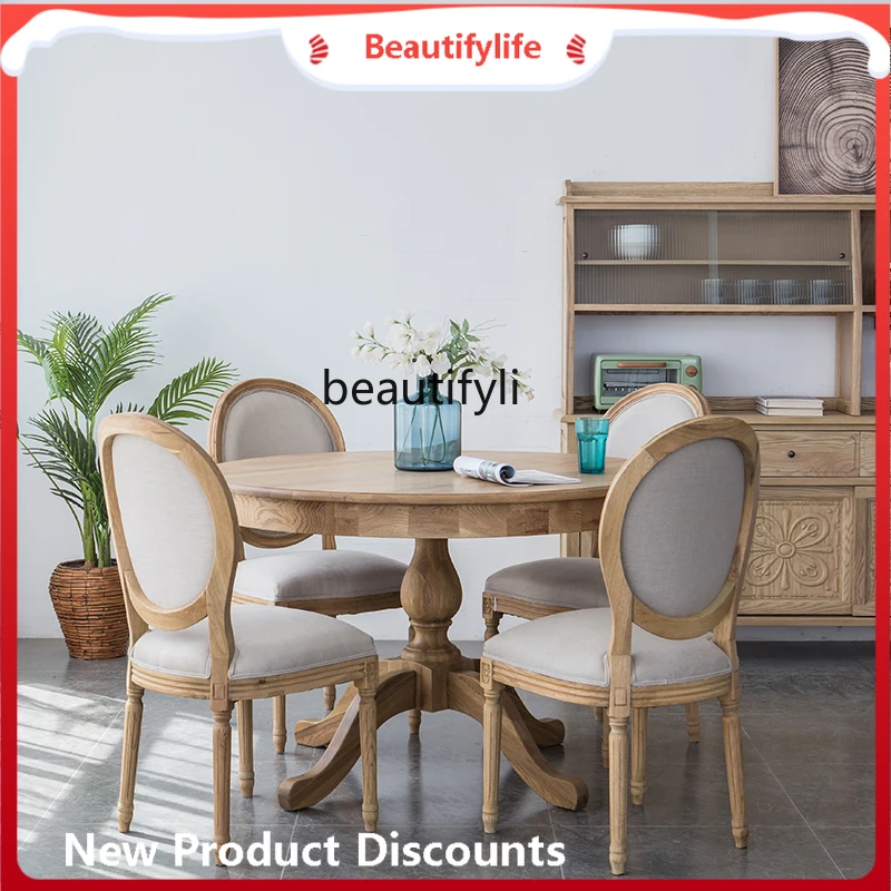 

C45 Американский сельский ретро круглый обеденный стол из цельного дерева, полный дуб, домашний бревенчатый стол и стул, мебель